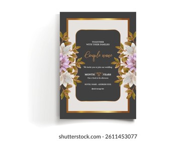 WEDDING INVITATION FRAME WITH FLOWER DECORATIONS AND FRESH LEAVES