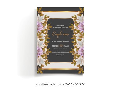 WEDDING INVITATION FRAME WITH FLOWER DECORATIONS AND FRESH LEAVES