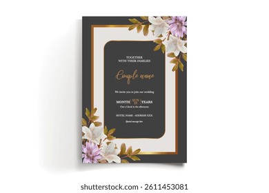 WEDDING INVITATION FRAME WITH FLOWER DECORATIONS AND FRESH LEAVES