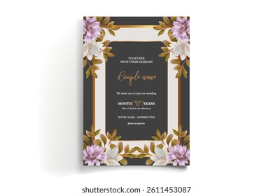 WEDDING INVITATION FRAME WITH FLOWER DECORATIONS AND FRESH LEAVES