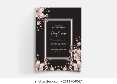 WEDDING INVITATION FRAME WITH FLOWER DECORATIONS AND FRESH LEAVES
