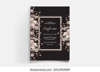 WEDDING INVITATION FRAME WITH FLOWER DECORATIONS AND FRESH LEAVES