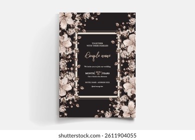 WEDDING INVITATION FRAME WITH FLOWER DECORATIONS AND FRESH LEAVES