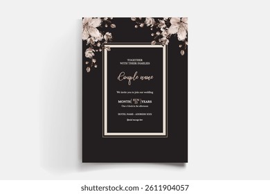 WEDDING INVITATION FRAME WITH FLOWER DECORATIONS AND FRESH LEAVES