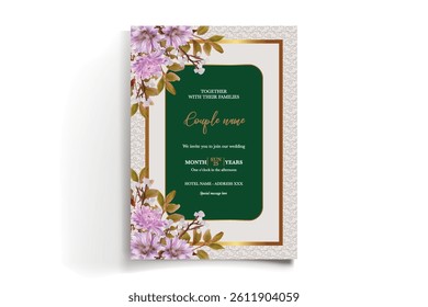WEDDING INVITATION FRAME WITH FLOWER DECORATIONS AND FRESH LEAVES