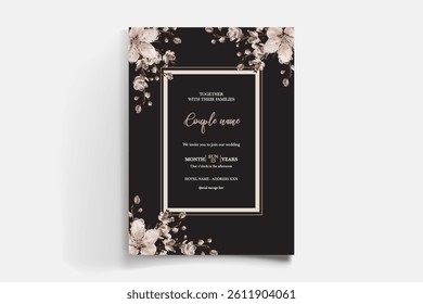 WEDDING INVITATION FRAME WITH FLOWER DECORATIONS AND FRESH LEAVES