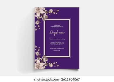 WEDDING INVITATION FRAME WITH FLOWER DECORATIONS AND FRESH LEAVES