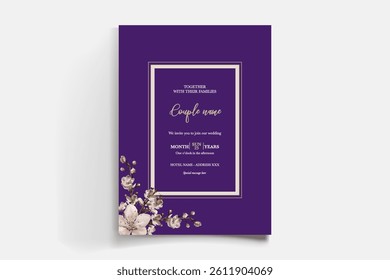WEDDING INVITATION FRAME WITH FLOWER DECORATIONS AND FRESH LEAVES