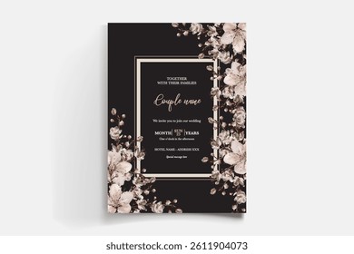 WEDDING INVITATION FRAME WITH FLOWER DECORATIONS AND FRESH LEAVES