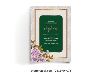 WEDDING INVITATION FRAME WITH FLOWER DECORATIONS AND FRESH LEAVES