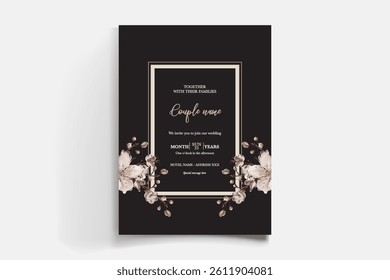 WEDDING INVITATION FRAME WITH FLOWER DECORATIONS AND FRESH LEAVES