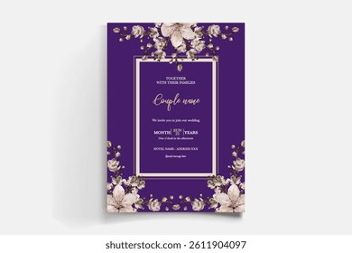 WEDDING INVITATION FRAME WITH FLOWER DECORATIONS AND FRESH LEAVES
