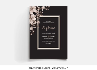 WEDDING INVITATION FRAME WITH FLOWER DECORATIONS AND FRESH LEAVES