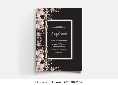 WEDDING INVITATION FRAME WITH FLOWER DECORATIONS AND FRESH LEAVES