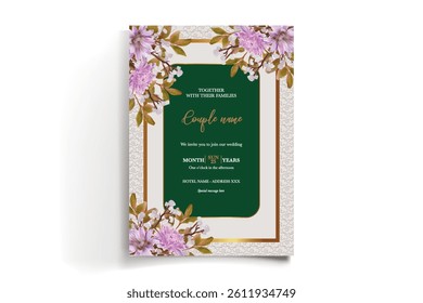 WEDDING INVITATION FRAME WITH FLOWER DECORATIONS AND FRESH LEAVES