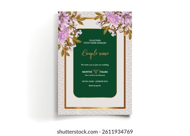 WEDDING INVITATION FRAME WITH FLOWER DECORATIONS AND FRESH LEAVES