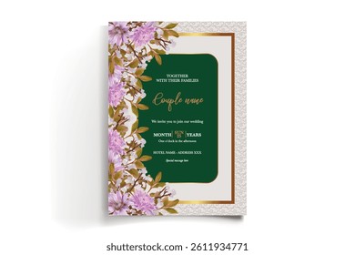 WEDDING INVITATION FRAME WITH FLOWER DECORATIONS AND FRESH LEAVES
