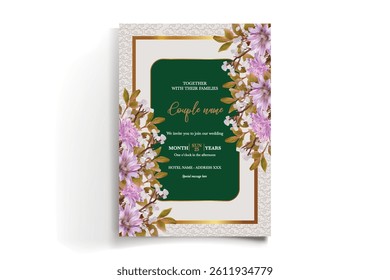 WEDDING INVITATION FRAME WITH FLOWER DECORATIONS AND FRESH LEAVES
