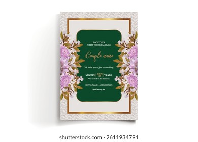 WEDDING INVITATION FRAME WITH FLOWER DECORATIONS AND FRESH LEAVES