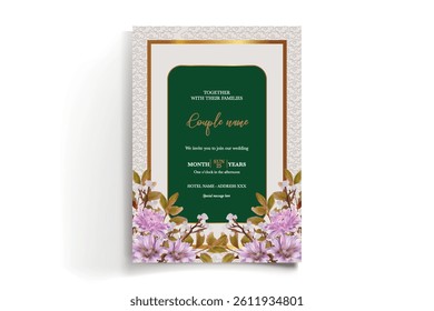 WEDDING INVITATION FRAME WITH FLOWER DECORATIONS AND FRESH LEAVES