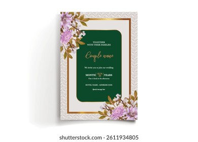 WEDDING INVITATION FRAME WITH FLOWER DECORATIONS AND FRESH LEAVES