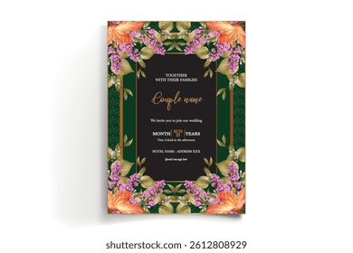 WEDDING INVITATION FRAME WITH FLOWER DECORATIONS AND FRESH LEAVES
