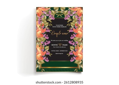WEDDING INVITATION FRAME WITH FLOWER DECORATIONS AND FRESH LEAVES