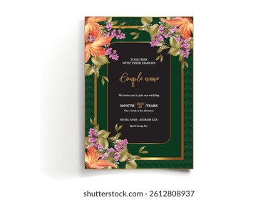 WEDDING INVITATION FRAME WITH FLOWER DECORATIONS AND FRESH LEAVES