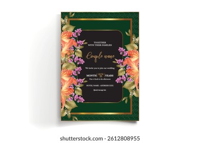 WEDDING INVITATION FRAME WITH FLOWER DECORATIONS AND FRESH LEAVES