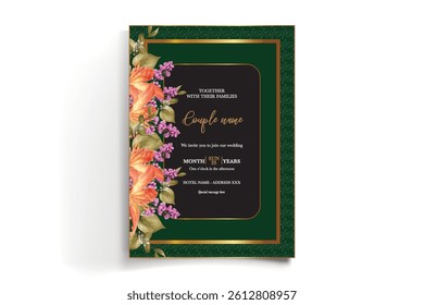 WEDDING INVITATION FRAME WITH FLOWER DECORATIONS AND FRESH LEAVES