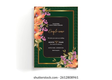 WEDDING INVITATION FRAME WITH FLOWER DECORATIONS AND FRESH LEAVES