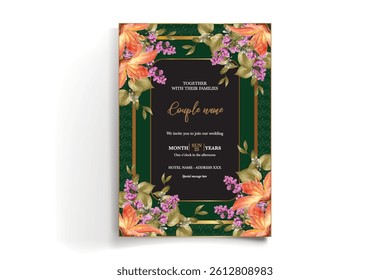 WEDDING INVITATION FRAME WITH FLOWER DECORATIONS AND FRESH LEAVES