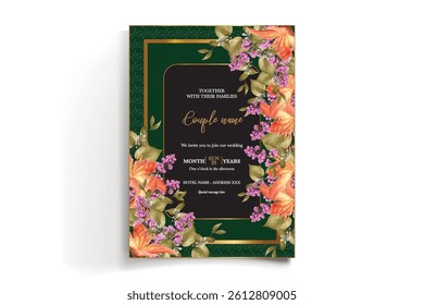 WEDDING INVITATION FRAME WITH FLOWER DECORATIONS AND FRESH LEAVES