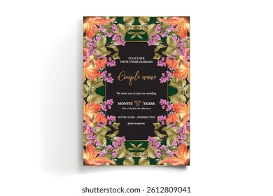 WEDDING INVITATION FRAME WITH FLOWER DECORATIONS AND FRESH LEAVES