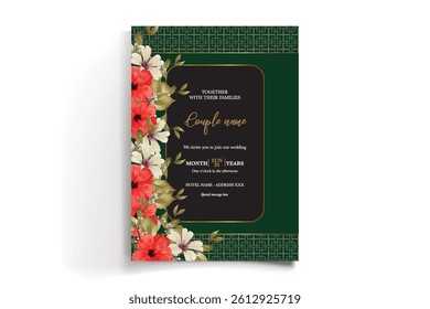 WEDDING INVITATION FRAME WITH FLOWER DECORATIONS AND FRESH LEAVES