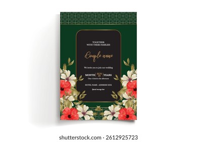 WEDDING INVITATION FRAME WITH FLOWER DECORATIONS AND FRESH LEAVES