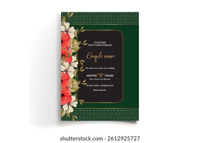 WEDDING INVITATION FRAME WITH FLOWER DECORATIONS AND FRESH LEAVES