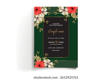 WEDDING INVITATION FRAME WITH FLOWER DECORATIONS AND FRESH LEAVES