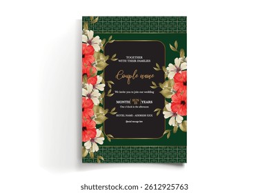 WEDDING INVITATION FRAME WITH FLOWER DECORATIONS AND FRESH LEAVES