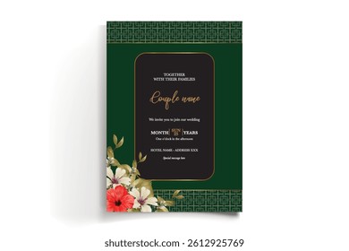 WEDDING INVITATION FRAME WITH FLOWER DECORATIONS AND FRESH LEAVES
