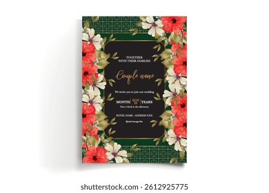 WEDDING INVITATION FRAME WITH FLOWER DECORATIONS AND FRESH LEAVES