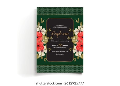 WEDDING INVITATION FRAME WITH FLOWER DECORATIONS AND FRESH LEAVES
