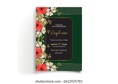 WEDDING INVITATION FRAME WITH FLOWER DECORATIONS AND FRESH LEAVES