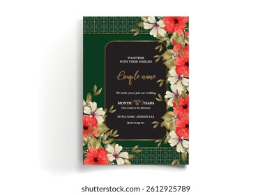 WEDDING INVITATION FRAME WITH FLOWER DECORATIONS AND FRESH LEAVES