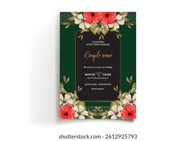 WEDDING INVITATION FRAME WITH FLOWER DECORATIONS AND FRESH LEAVES