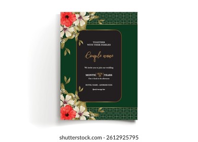 WEDDING INVITATION FRAME WITH FLOWER DECORATIONS AND FRESH LEAVES