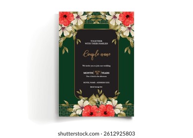WEDDING INVITATION FRAME WITH FLOWER DECORATIONS AND FRESH LEAVES