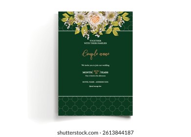 WEDDING INVITATION FRAME WITH FLOWER DECORATIONS AND FRESH LEAVES