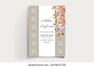 WEDDING INVITATION FRAME WITH FLOWER DECORATIONS AND FRESH LEAVES