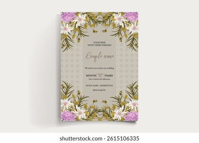 WEDDING INVITATION FRAME WITH FLOWER DECORATIONS AND FRESH LEAVES